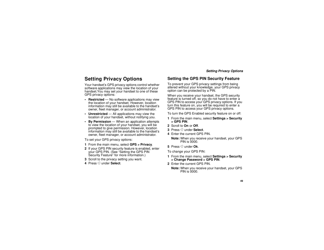 Motorola I530 manual Setting Privacy Options, Setting the GPS PIN Security Feature 