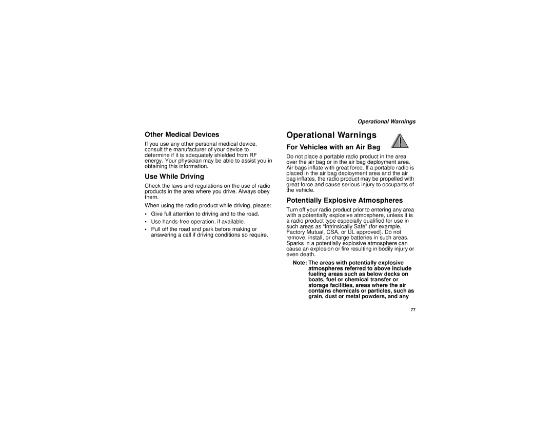 Motorola I530 manual Operational Warnings, Other Medical Devices, Use While Driving, For Vehicles with an Air Bag 