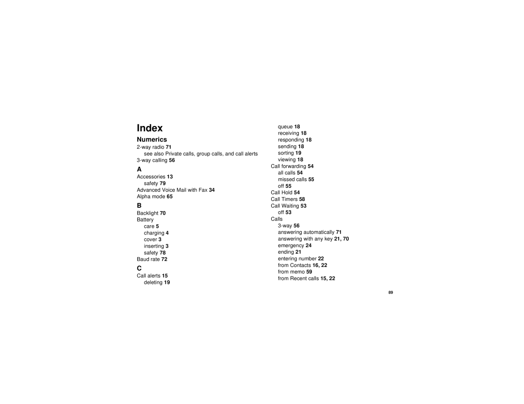 Motorola I530 manual Index, Numerics 