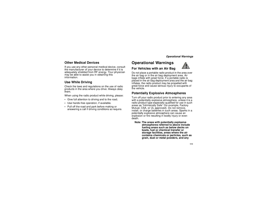 Motorola I530 manual Operational Warnings, Other Medical Devices, Use While Driving, For Vehicles with an Air Bag 