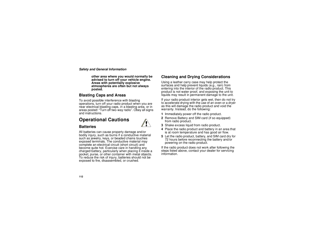 Motorola I530 manual Operational Cautions, Blasting Caps and Areas, Batteries, Cleaning and Drying Considerations 