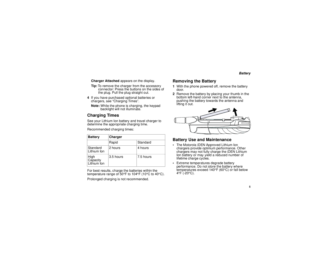 Motorola I530 manual Charging Times, Removing the Battery, Battery Use and Maintenance, Battery Charger 