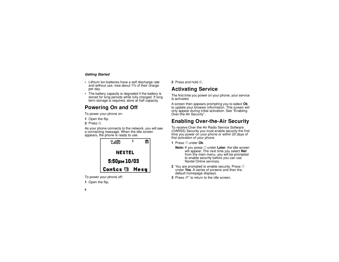 Motorola I530 manual Powering On and Off, Activating Service, Enabling Over-the-Air Security 