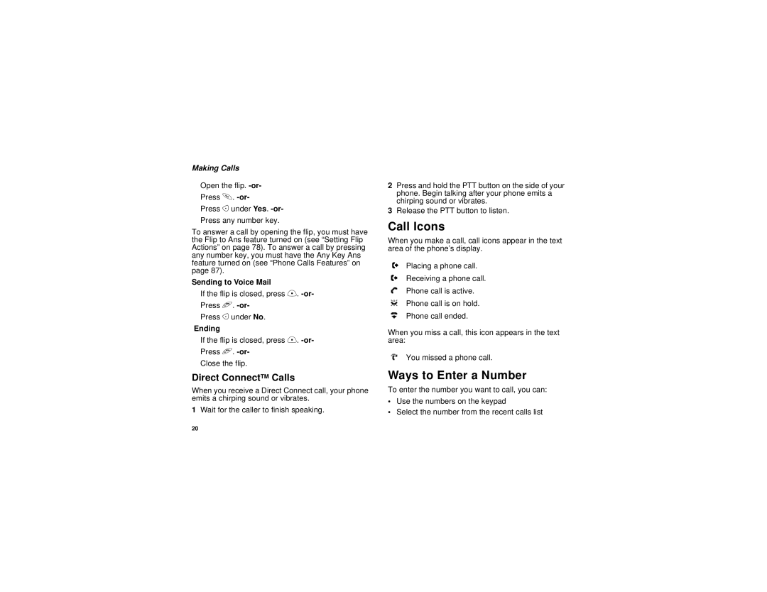 Motorola I530 manual Call Icons, Ways to Enter a Number, Direct ConnectTM Calls, Making Calls 