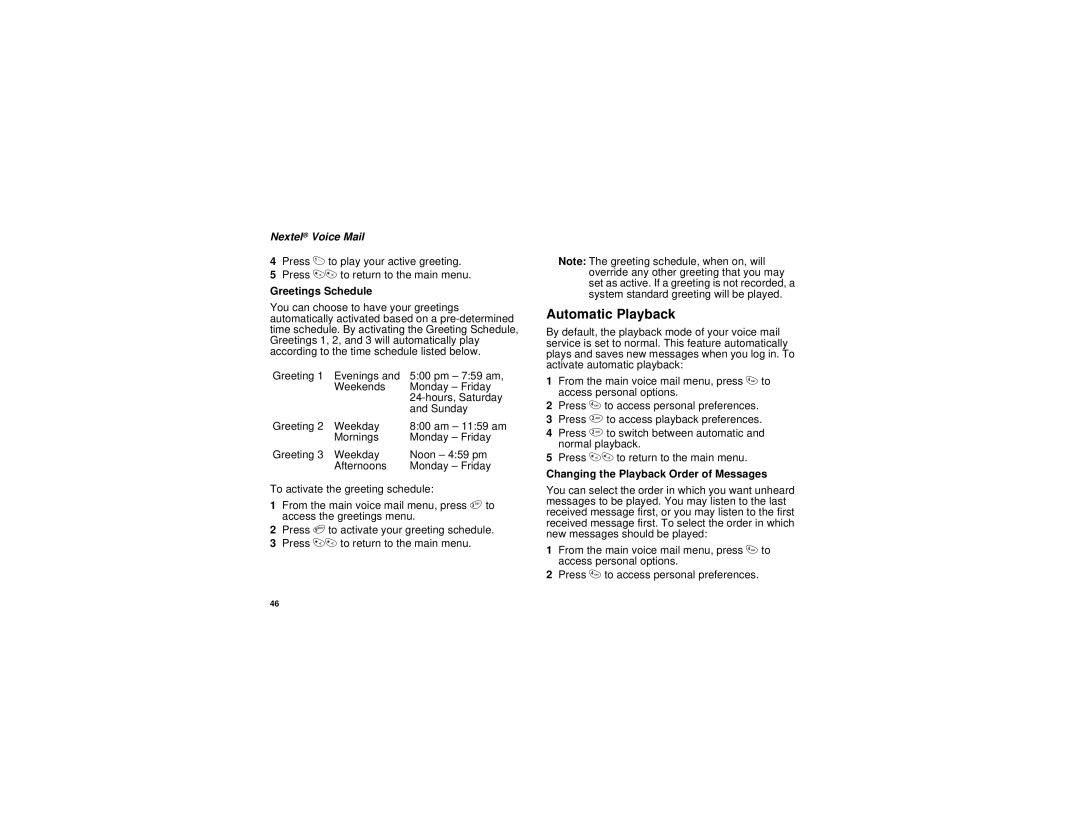 Motorola I530 manual Automatic Playback, Greetings Schedule, Changing the Playback Order of Messages 