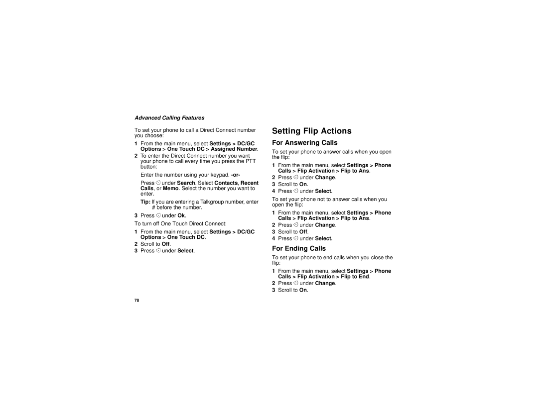 Motorola I530 manual Setting Flip Actions, For Answering Calls, For Ending Calls 