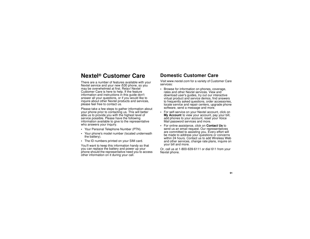 Motorola I530 manual Nextel Customer Care, Domestic Customer Care 