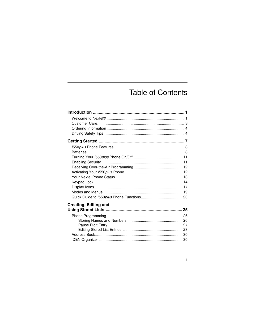 Motorola i550plus manual Table of Contents 