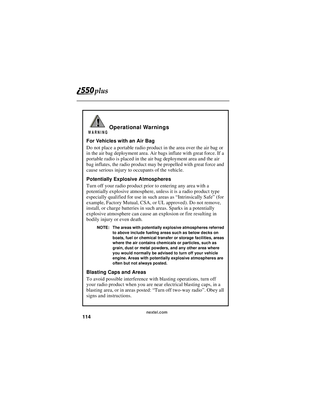 Motorola i550plus manual Operational Warnings, For Vehicles with an Air Bag, Potentially Explosive Atmospheres, 114 