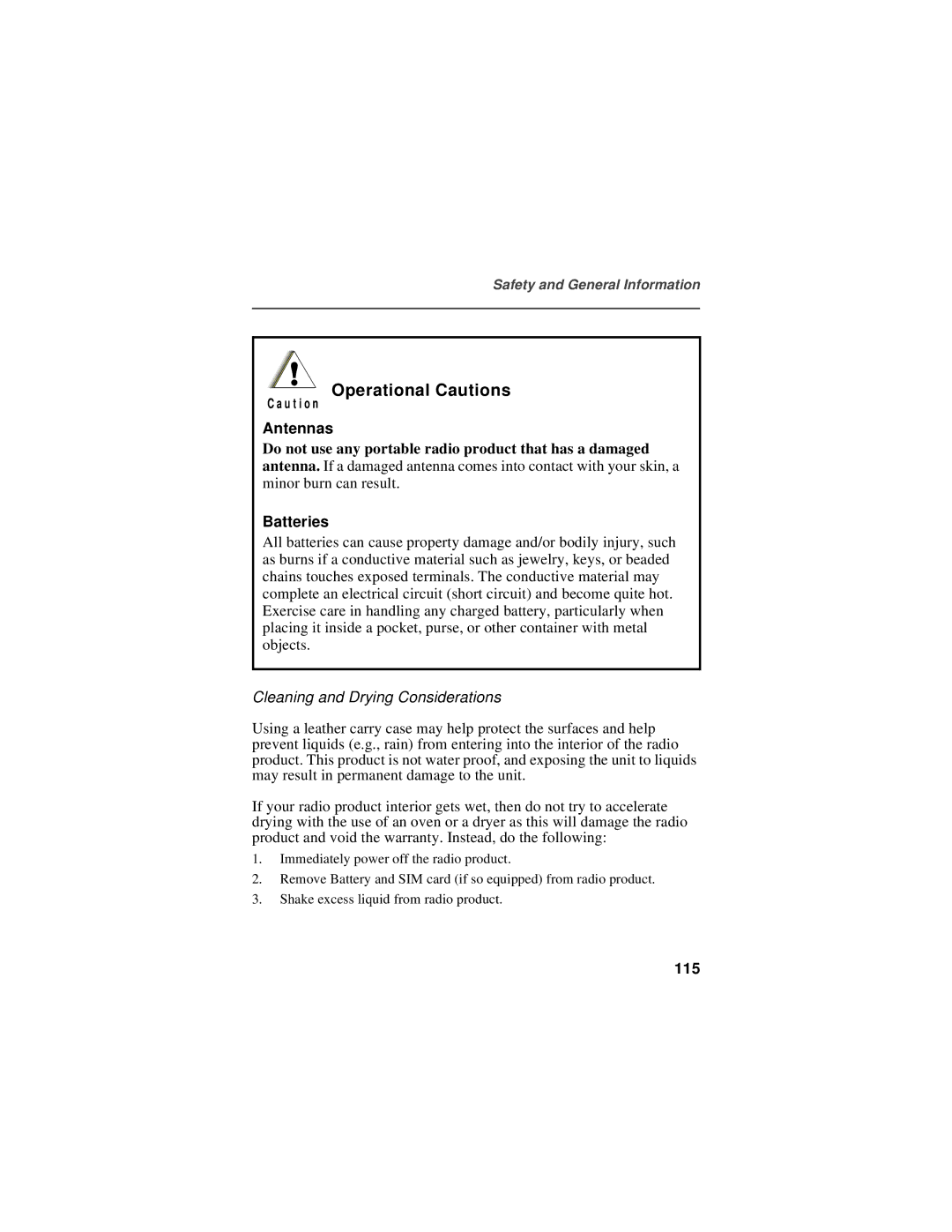 Motorola i550plus manual Operational Cautions, Antennas, Batteries, Cleaning and Drying Considerations, 115 