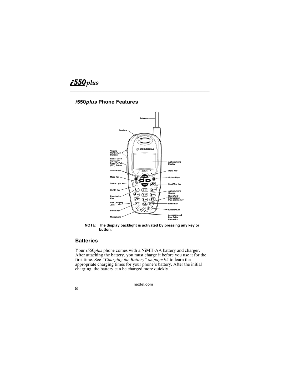Motorola i550plus manual 550plus Phone Features, Batteries 