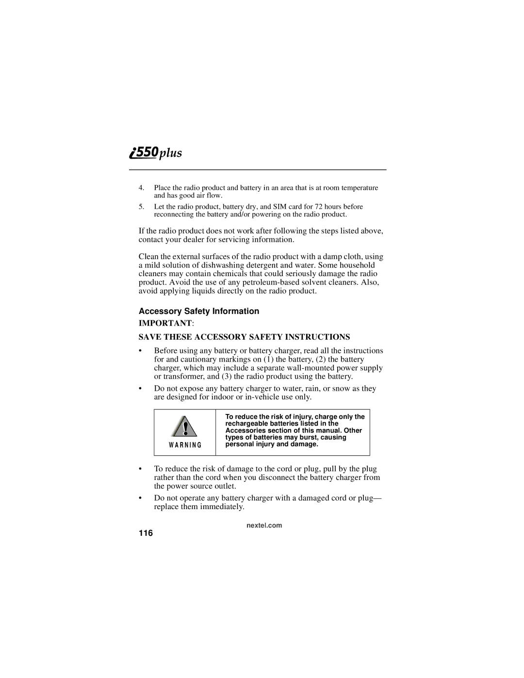 Motorola i550plus manual Accessory Safety Information, 116 