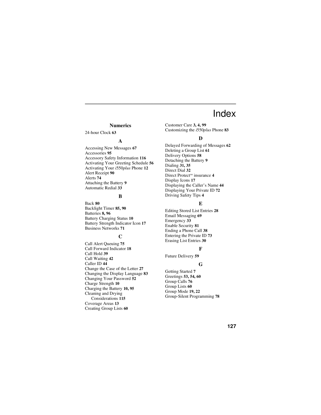 Motorola i550plus manual Index, Numerics 