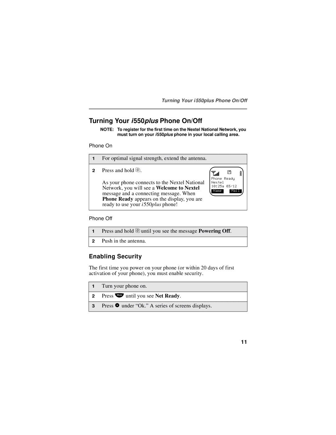 Motorola manual Turning Your i550plus Phone On/Off, Enabling Security 