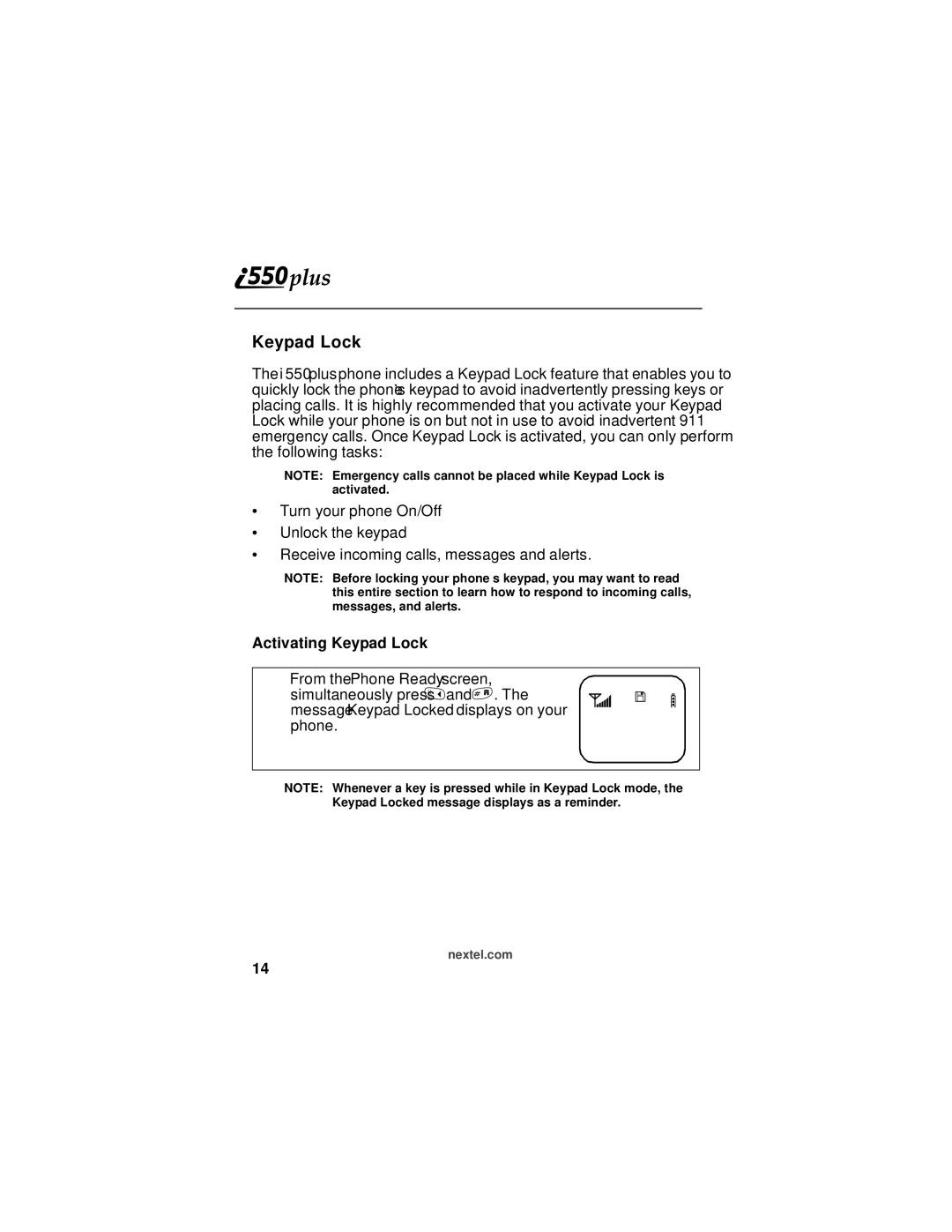 Motorola i550plus manual Activating Keypad Lock 