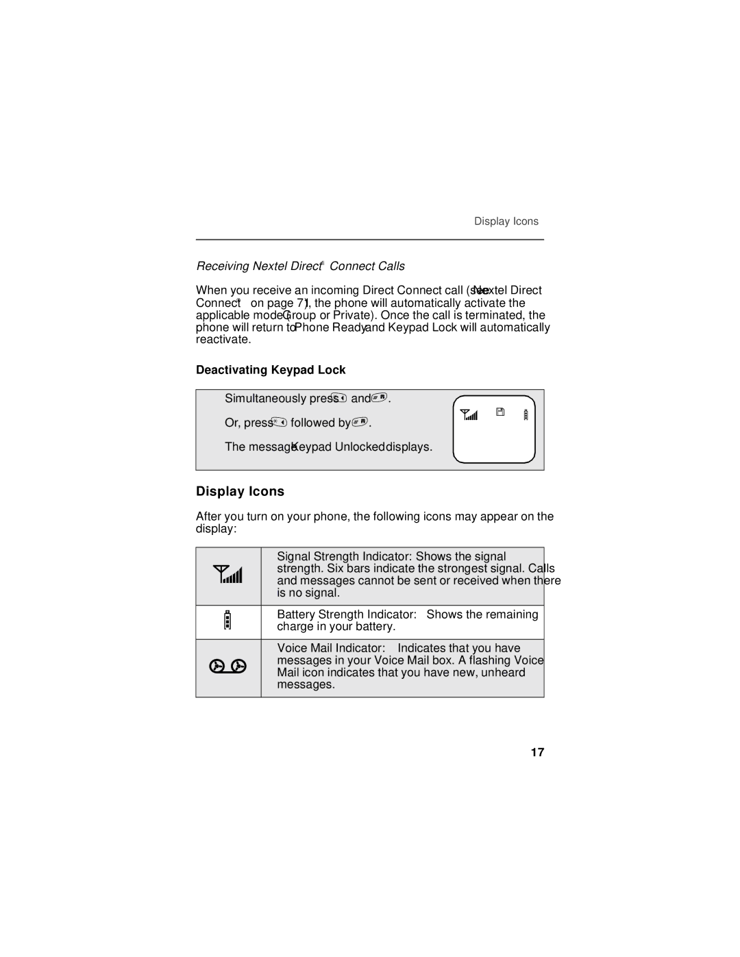 Motorola i550plus manual Display Icons, Receiving Nextel Direct Connect Calls, Deactivating Keypad Lock 