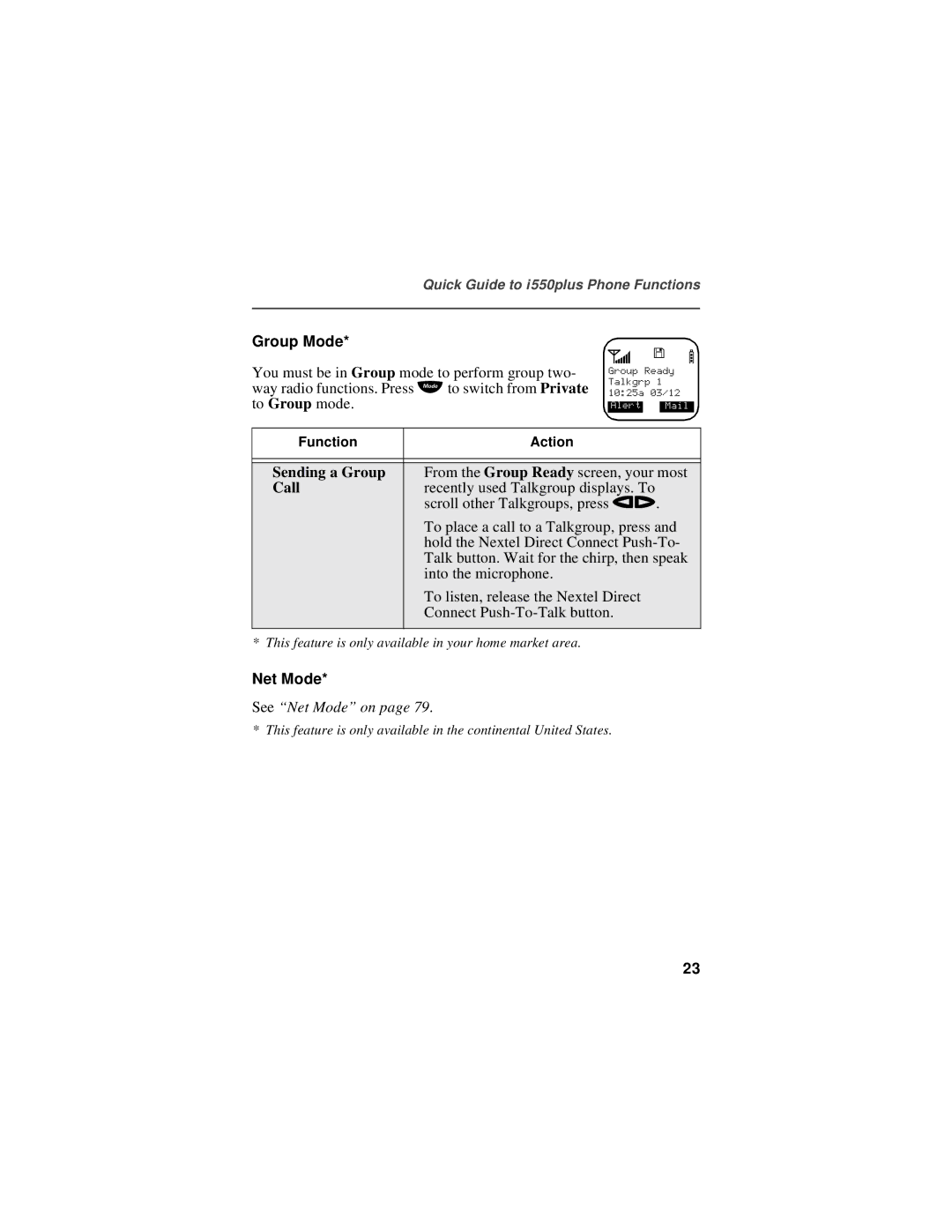 Motorola i550plus manual Group Mode, Sending a Group, Net Mode 