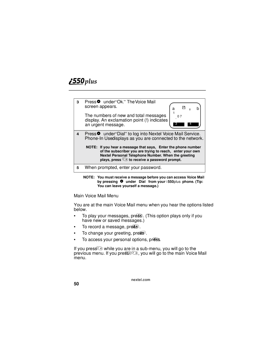 Motorola i550plus manual Main Voice Mail Menu 