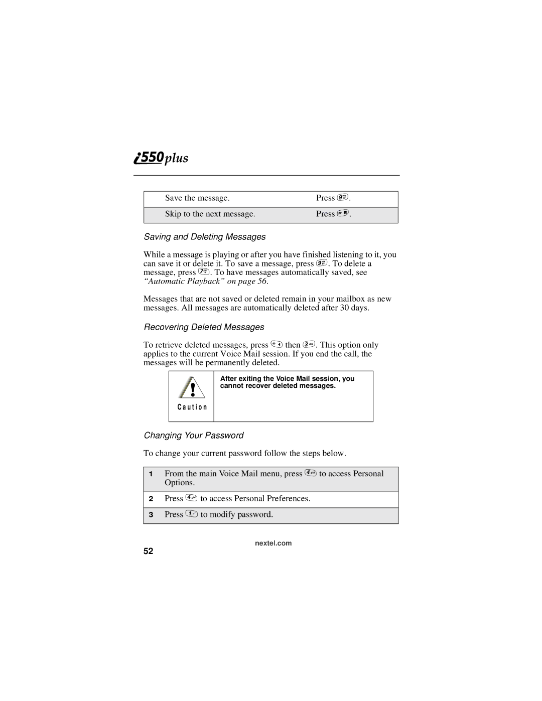 Motorola i550plus manual Saving and Deleting Messages, Recovering Deleted Messages, Changing Your Password 