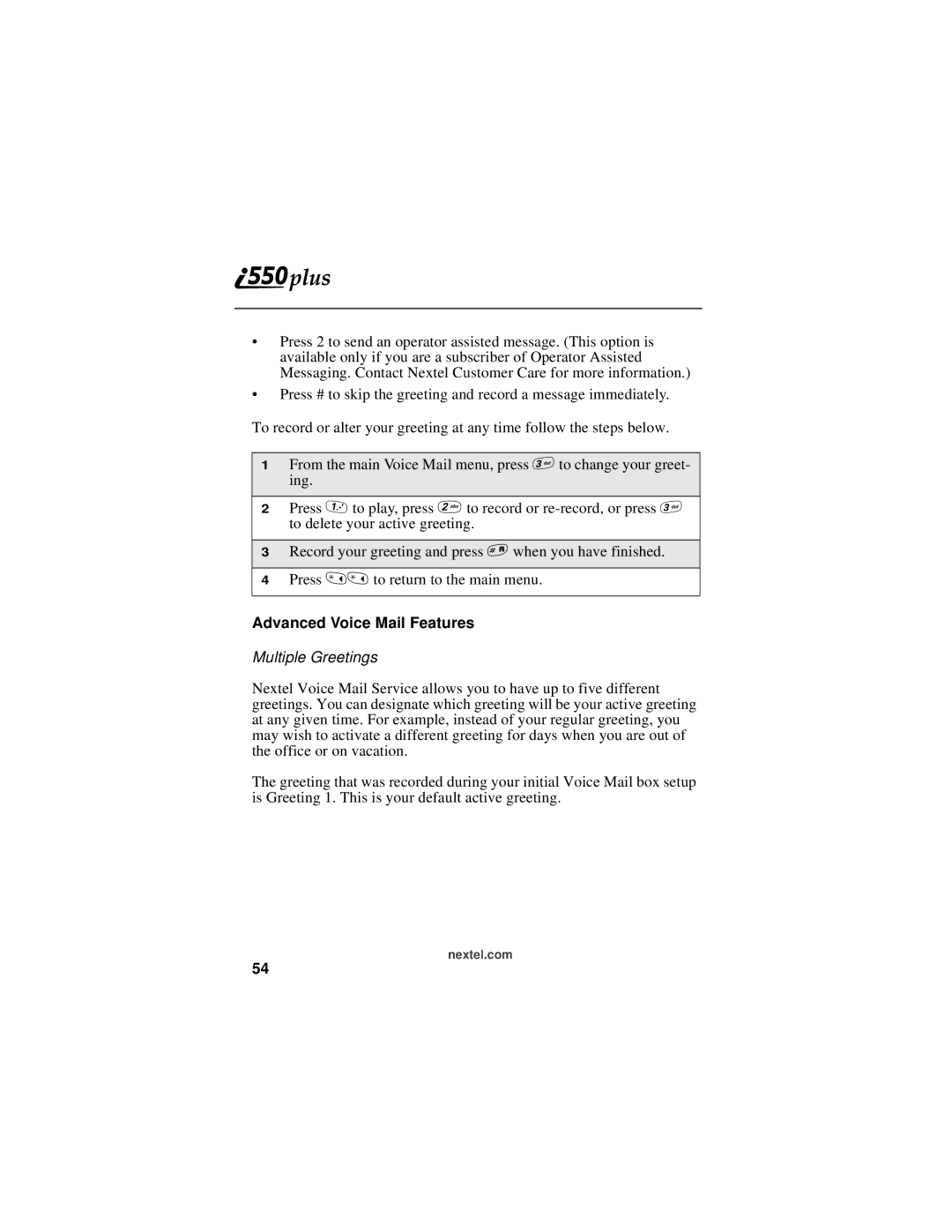 Motorola i550plus manual Advanced Voice Mail Features, Multiple Greetings 