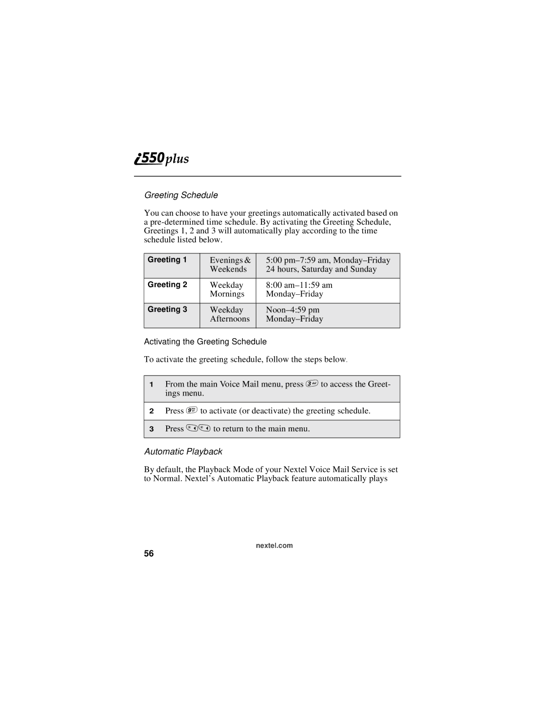 Motorola i550plus manual Greeting Schedule, Automatic Playback 