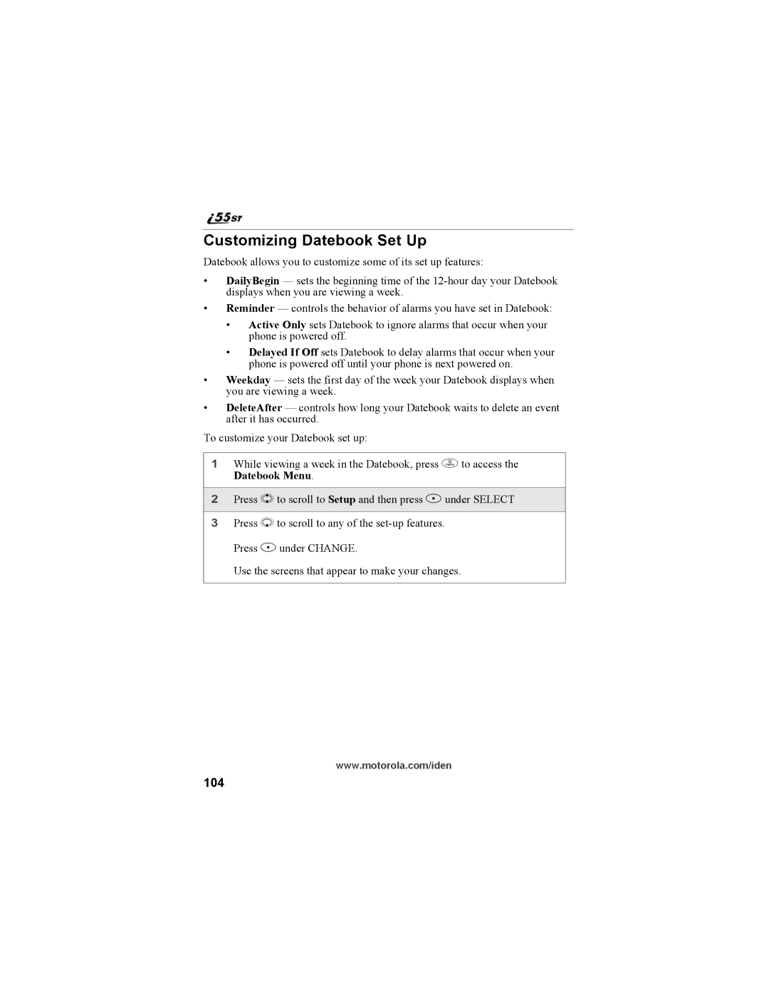 Motorola i55sr Phone manual Customizing Datebook Set Up, 104 