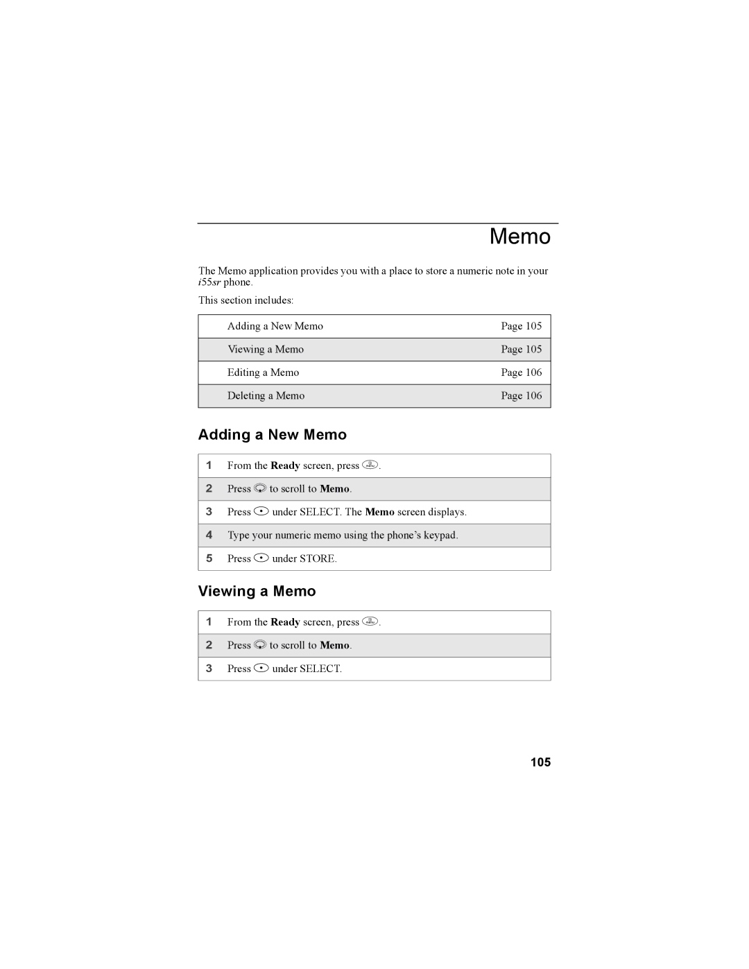 Motorola i55sr Phone manual Adding a New Memo, Viewing a Memo, 105 