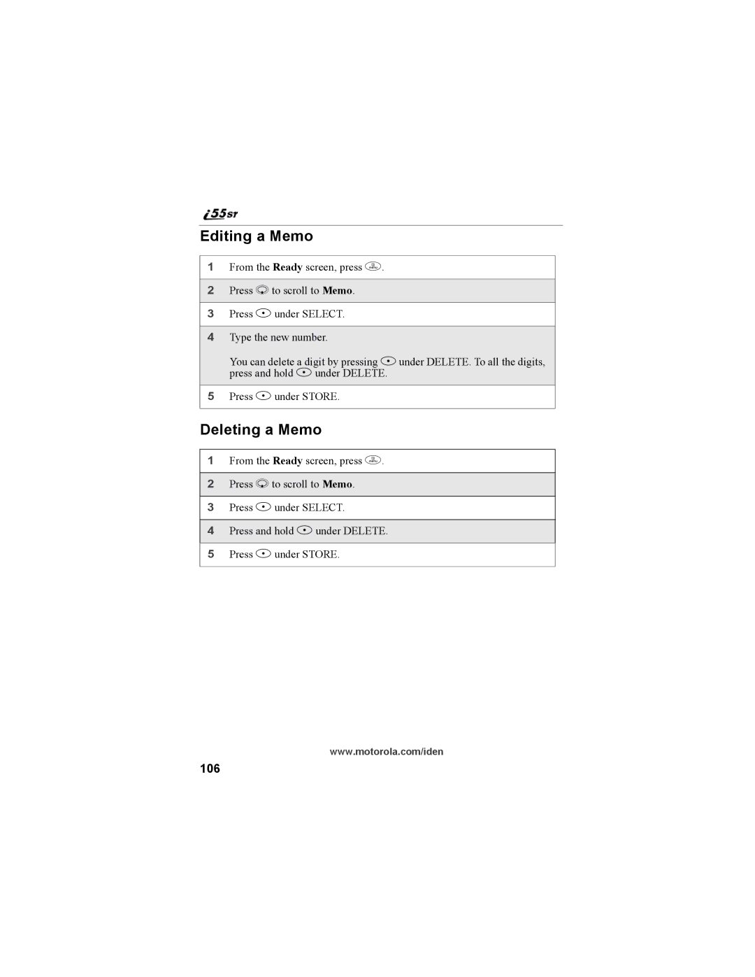 Motorola i55sr Phone manual Editing a Memo, Deleting a Memo, 106 