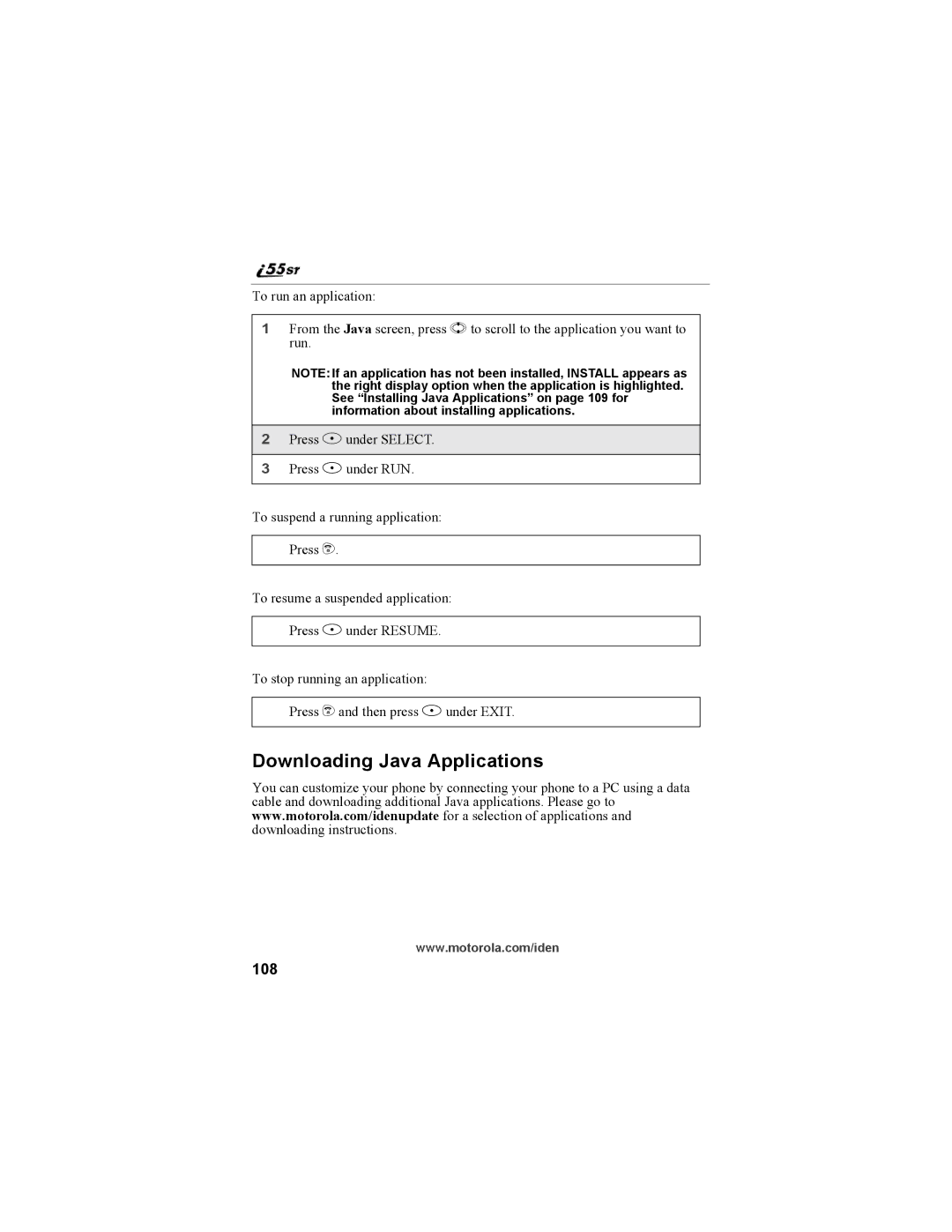 Motorola i55sr Phone manual Downloading Java Applications, 108 