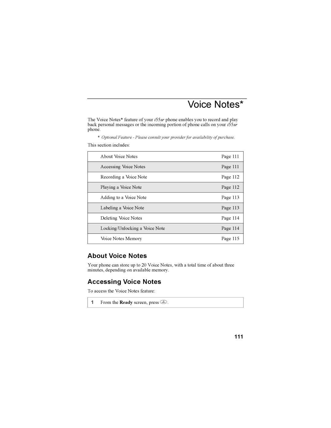 Motorola i55sr Phone manual About Voice Notes, Accessing Voice Notes, 111 