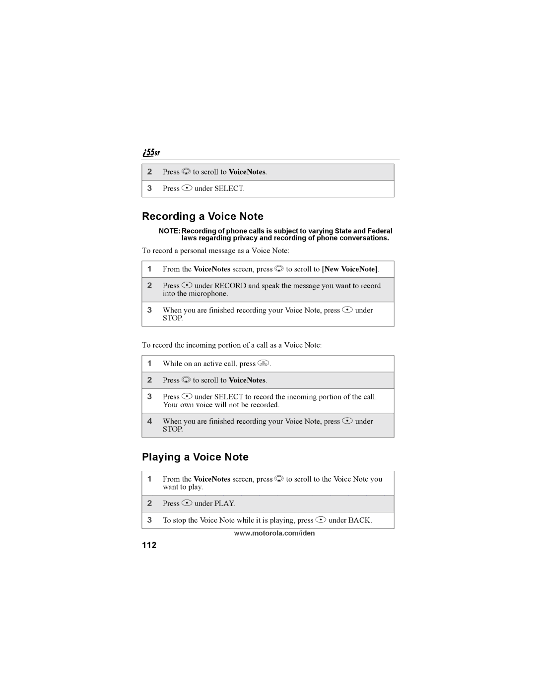 Motorola i55sr Phone manual Recording a Voice Note, Playing a Voice Note, 112 