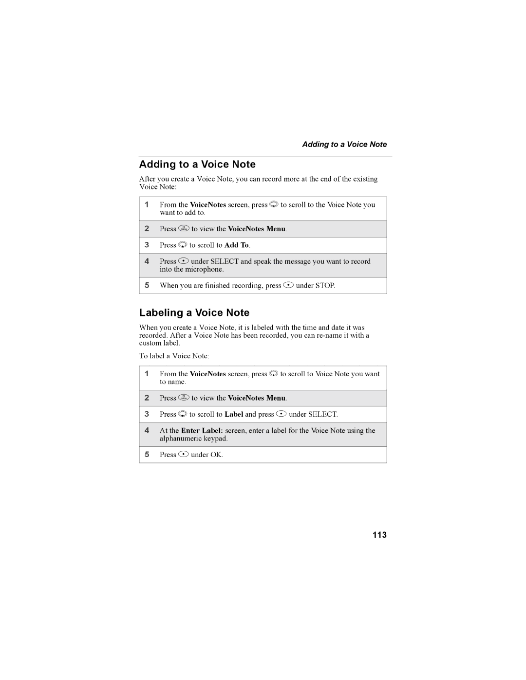 Motorola i55sr Phone manual Adding to a Voice Note, Labeling a Voice Note, 113 