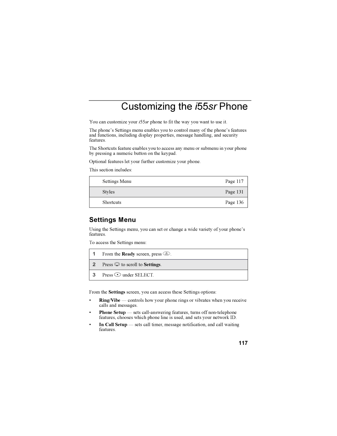 Motorola manual Customizing the i55sr Phone, Settings Menu, 117 