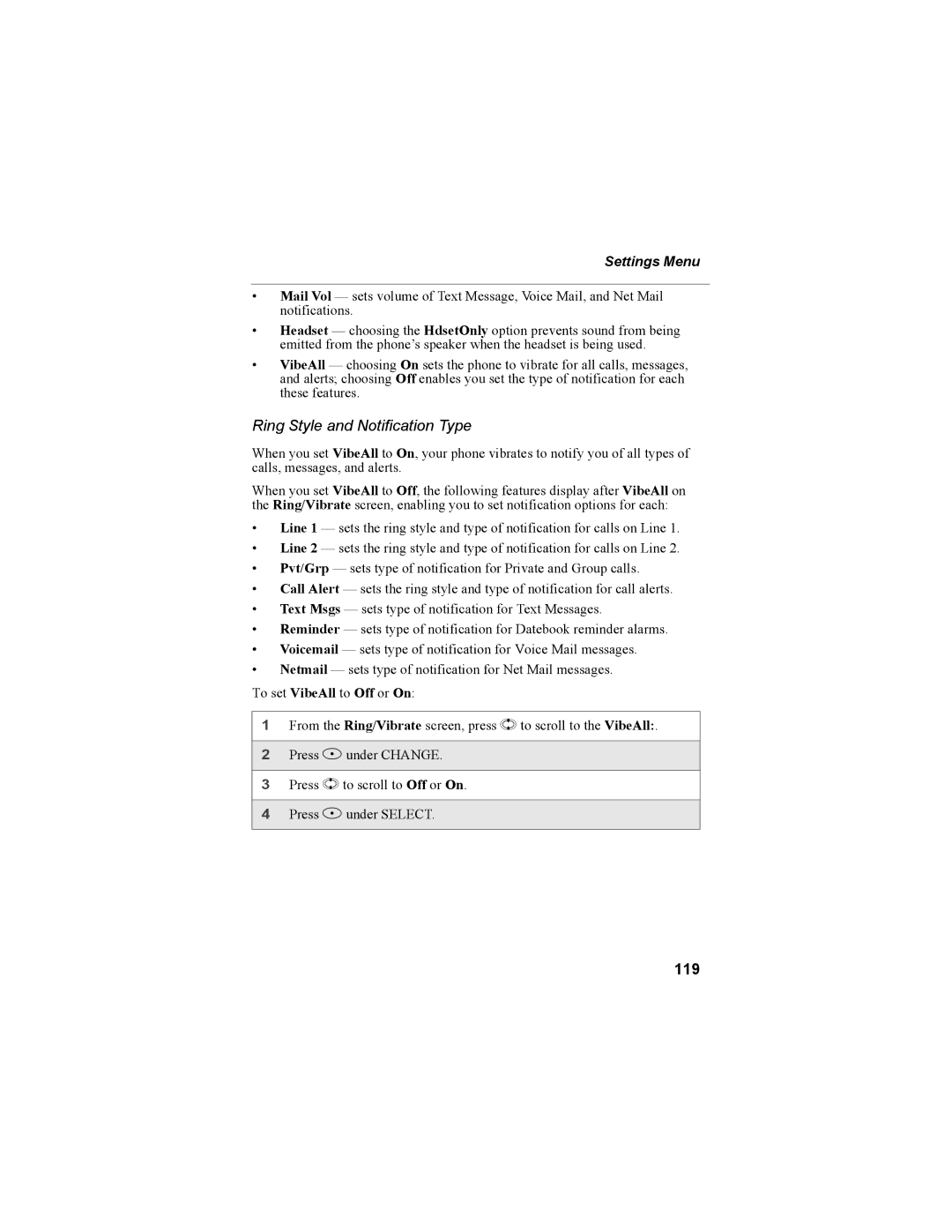 Motorola i55sr Phone manual Ring Style and Notification Type, 119 