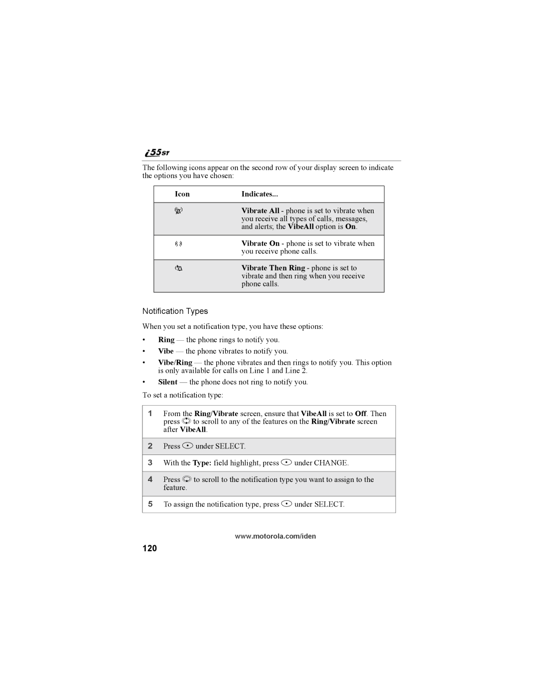 Motorola i55sr Phone manual 120, IconIndicates 