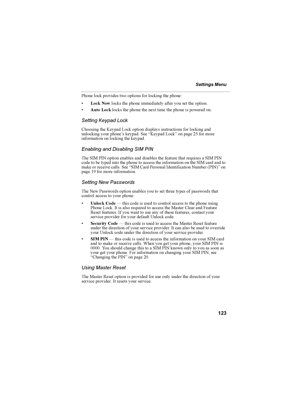 Motorola i55sr Phone Setting Keypad Lock, Enabling and Disabling SIM PIN, Setting New Passwords, Using Master Reset, 123 