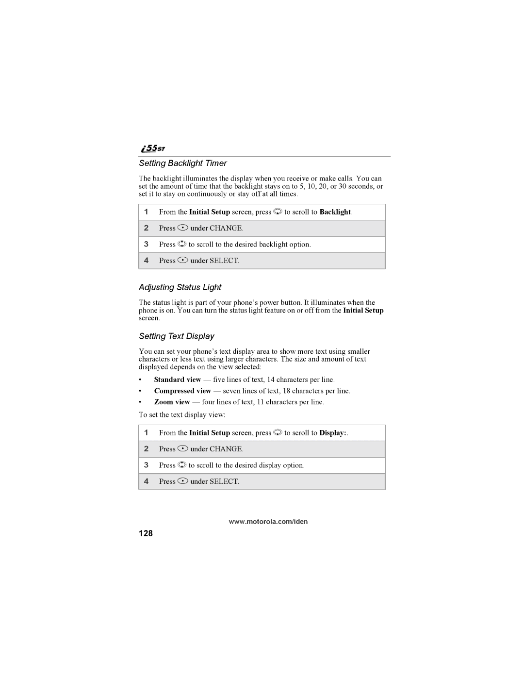 Motorola i55sr Phone manual Setting Backlight Timer, Adjusting Status Light, Setting Text Display, 128 