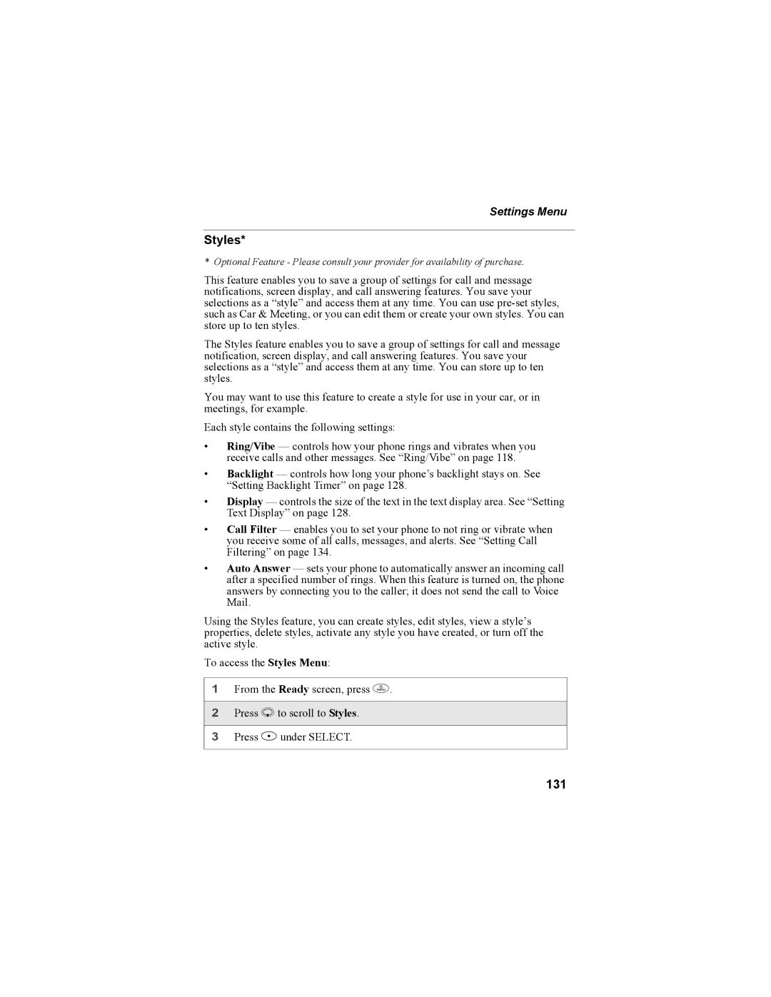 Motorola i55sr Phone manual Styles, 131 