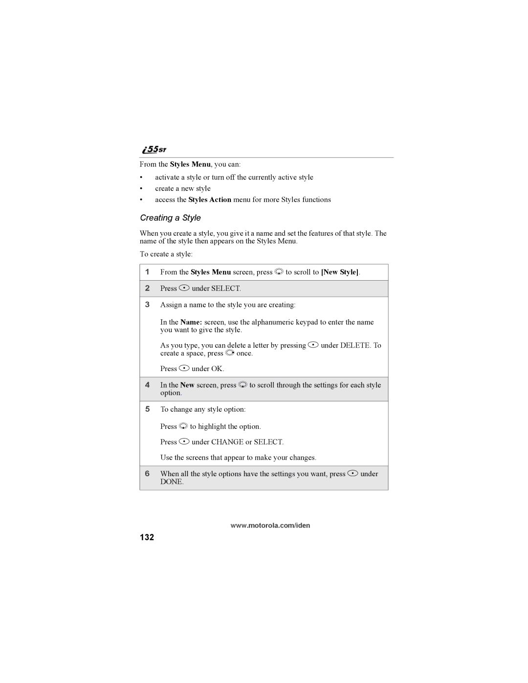 Motorola i55sr Phone manual Creating a Style, 132 