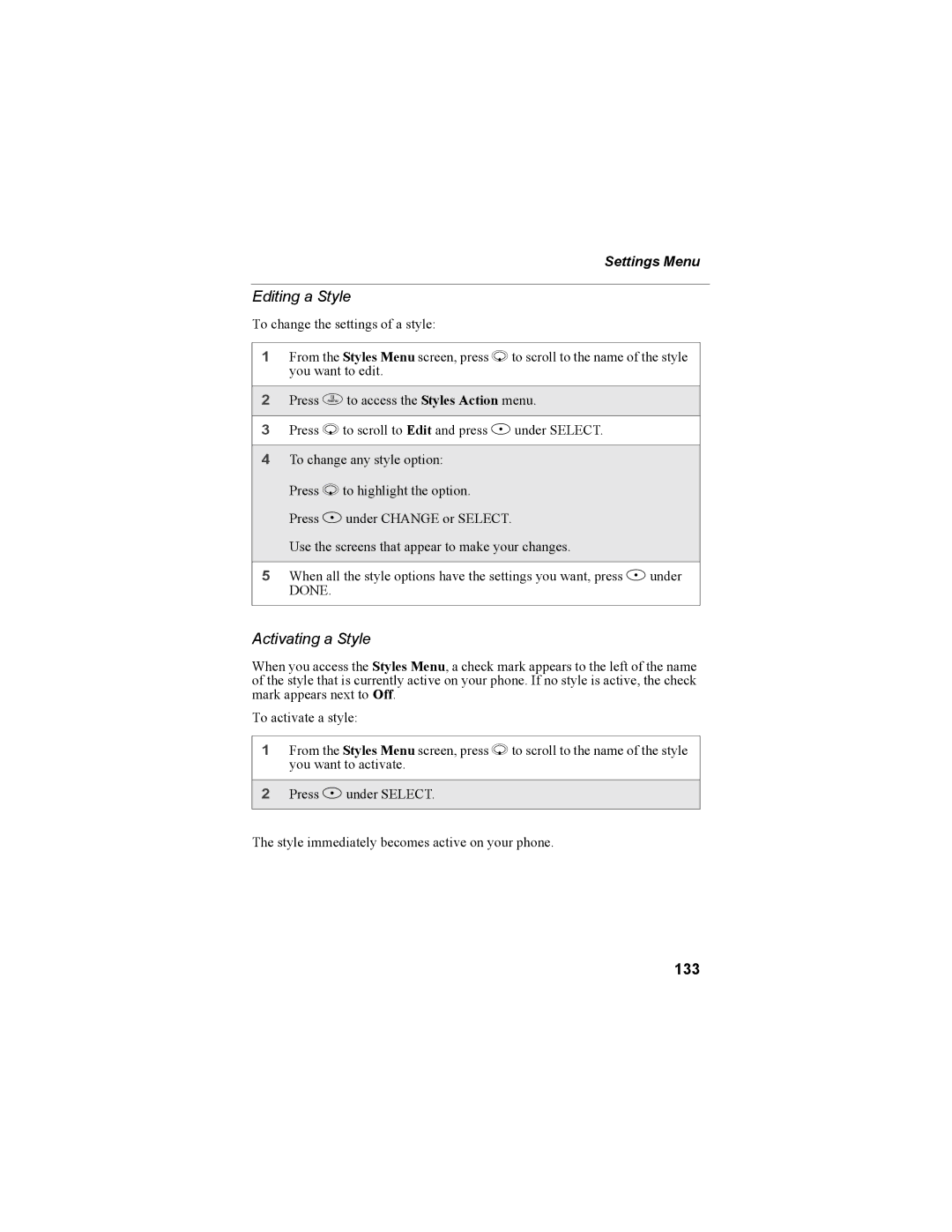 Motorola i55sr Phone manual Editing a Style, Activating a Style, 133 
