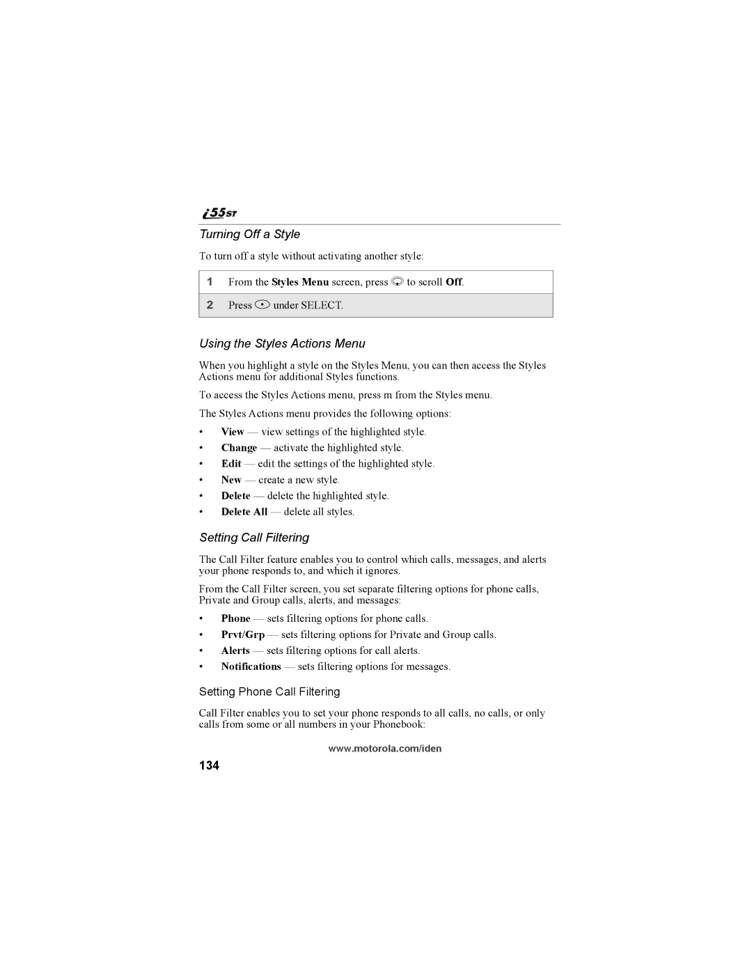 Motorola i55sr Phone manual Turning Off a Style, Using the Styles Actions Menu, Setting Call Filtering, 134 