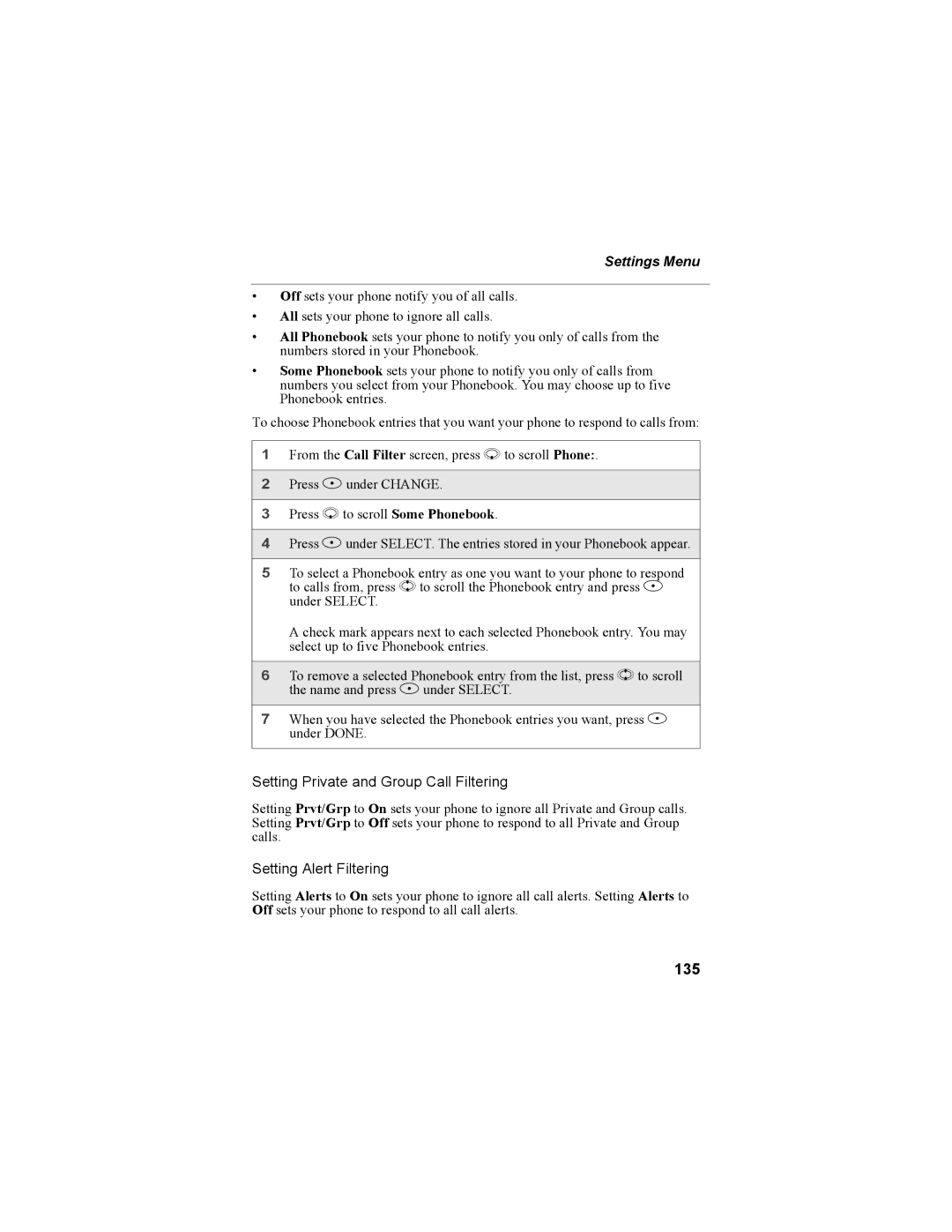Motorola i55sr Phone manual Setting Private and Group Call Filtering, 135 