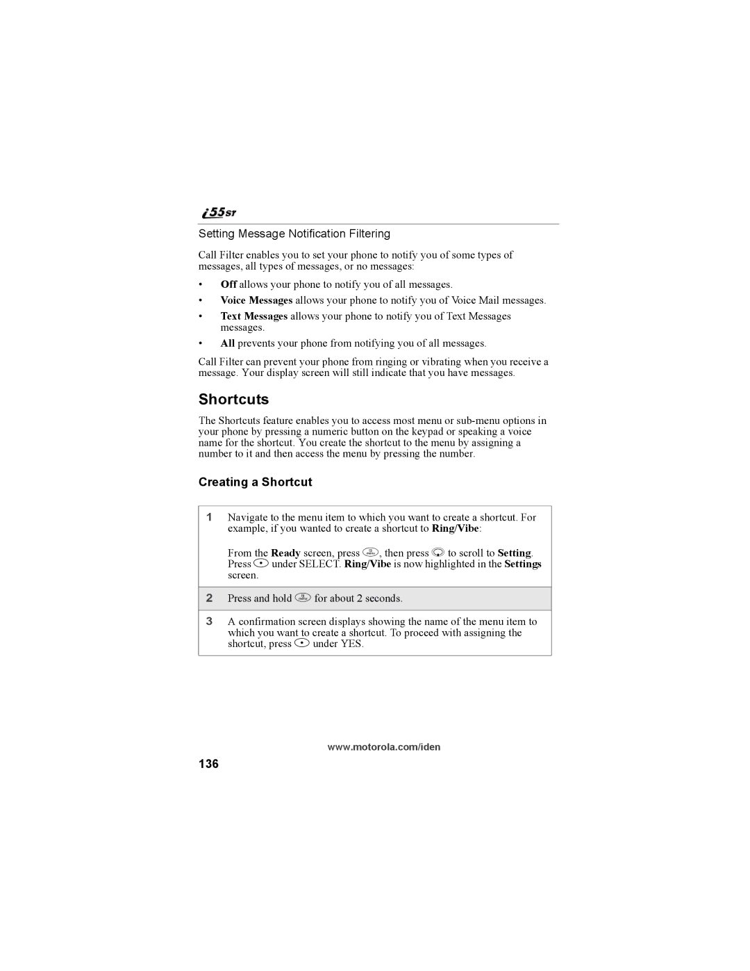 Motorola i55sr Phone manual Shortcuts, Creating a Shortcut, 136 