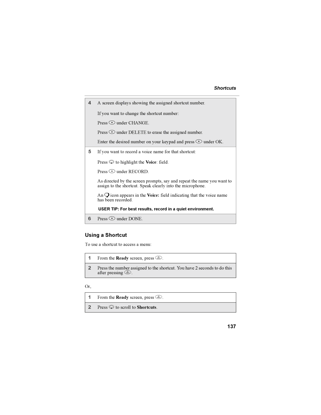 Motorola i55sr Phone manual Using a Shortcut, 137 