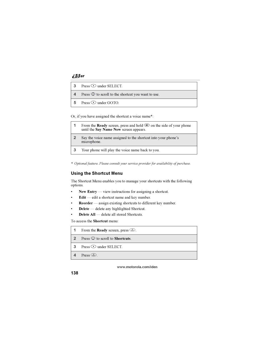 Motorola i55sr Phone manual Using the Shortcut Menu, 138 