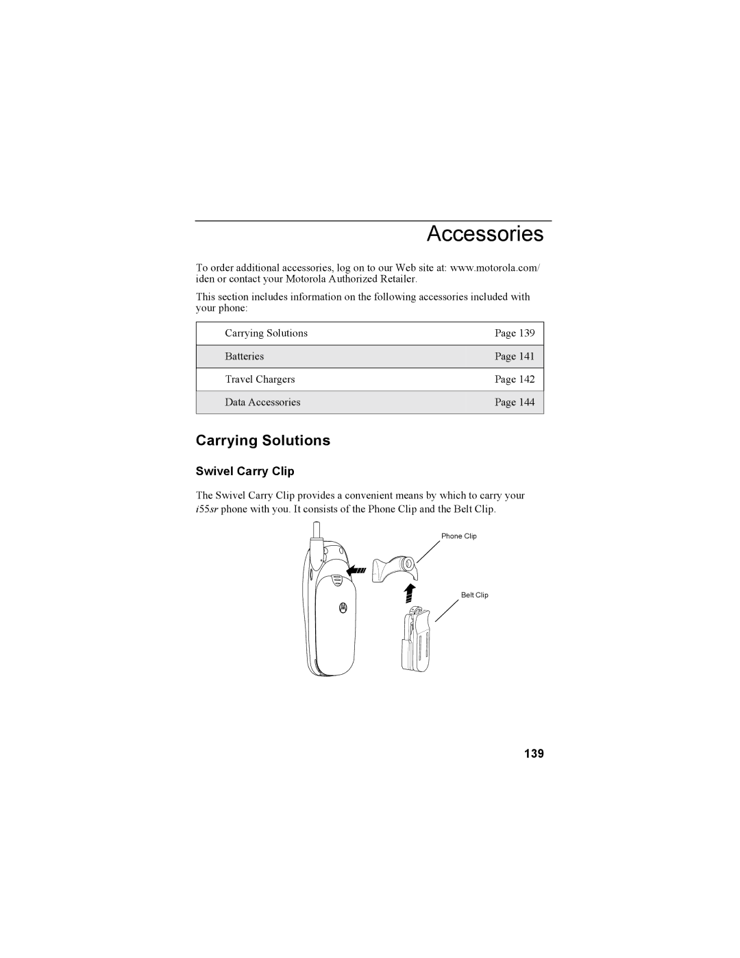 Motorola i55sr Phone manual Accessories, Carrying Solutions, Swivel Carry Clip, 139 