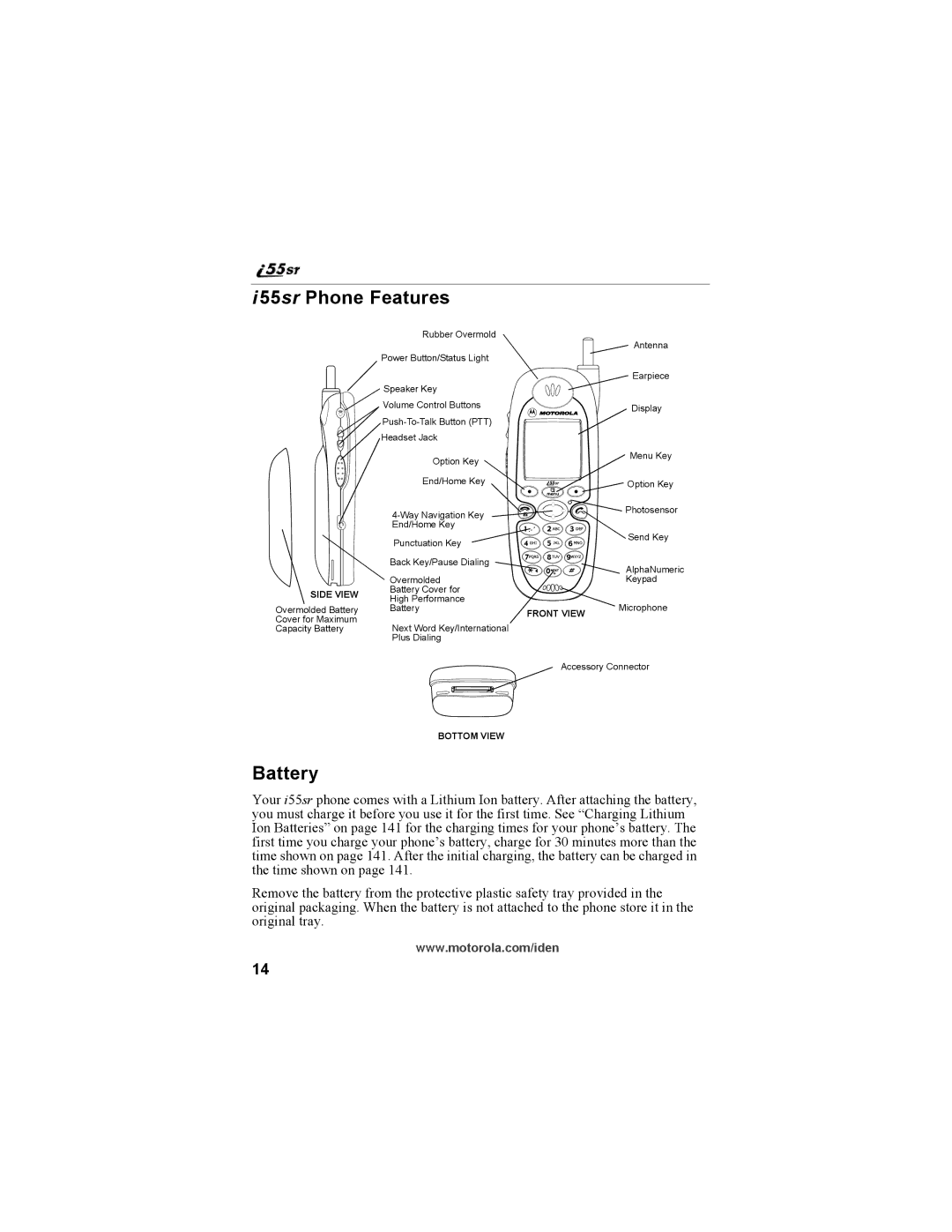 Motorola i55sr Phone manual 55sr Phone Features, Battery 