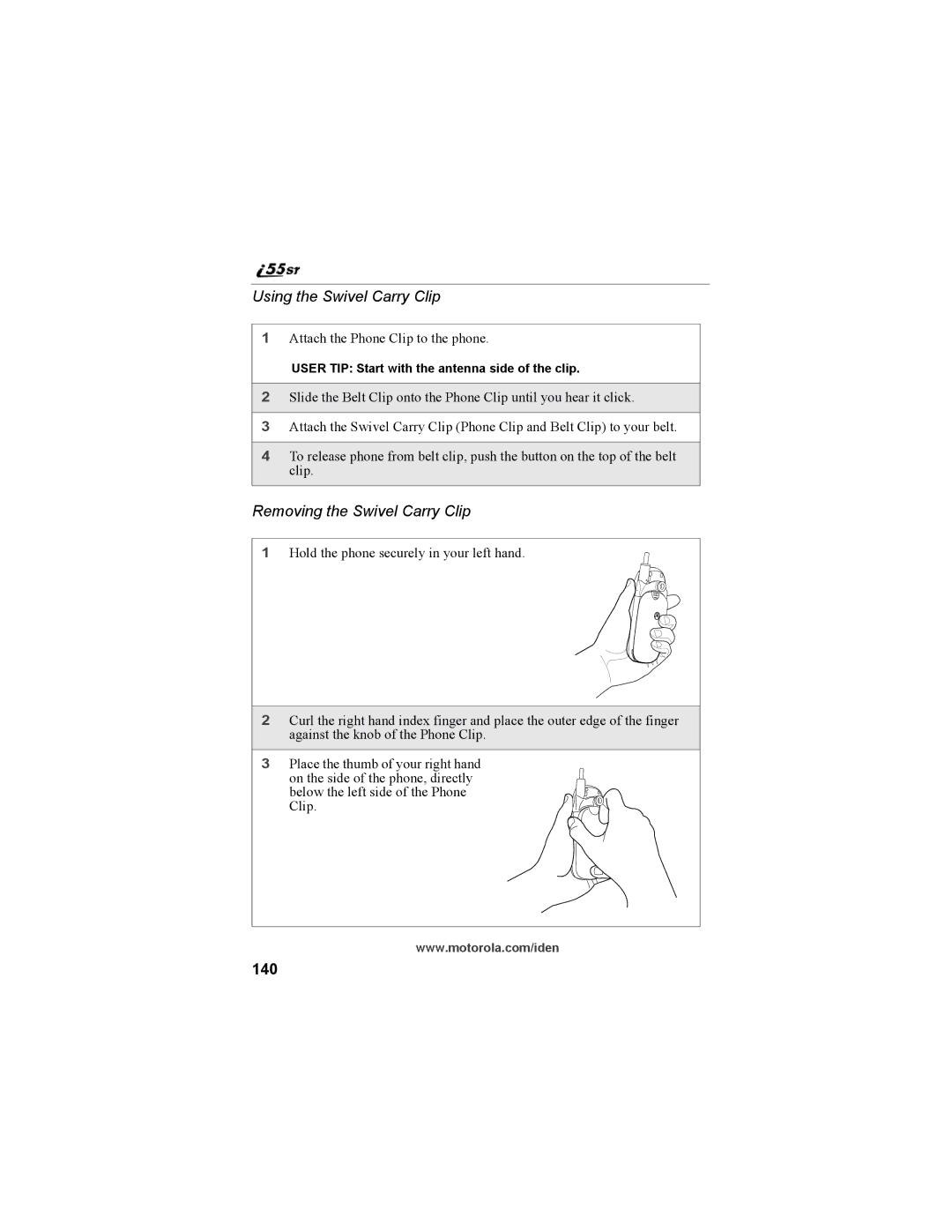 Motorola i55sr Phone manual Using the Swivel Carry Clip, Removing the Swivel Carry Clip, 140 