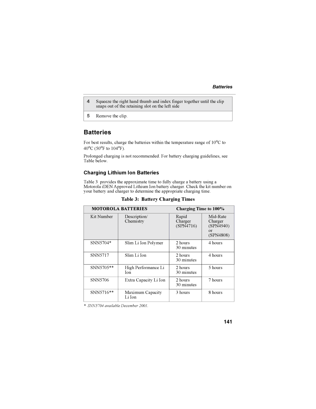 Motorola i55sr Phone manual Charging Lithium Ion Batteries, 141, Charging Time to 100% 