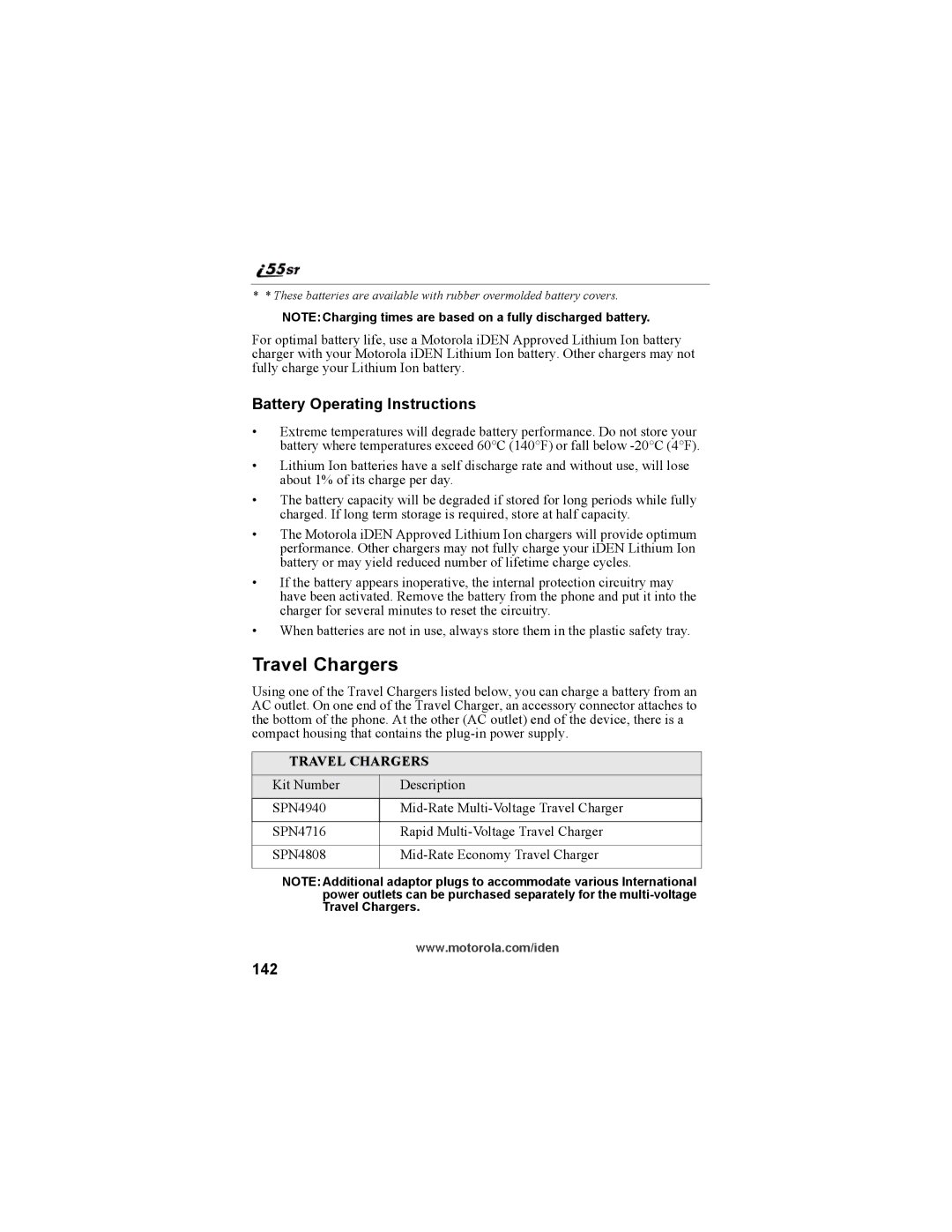 Motorola i55sr Phone manual Travel Chargers, Battery Operating Instructions, 142 